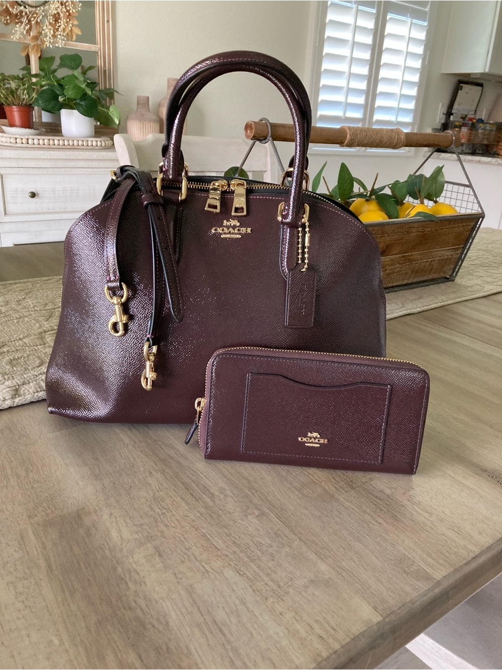 Coach Burgundy Leather Satchel and Zip Wallet Set